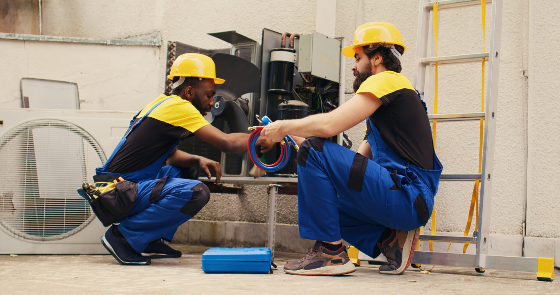 African american serviceman cleaning air conditioner internal components of dust while coworker assembles professional manifold gauges to check freon levels in hvac system