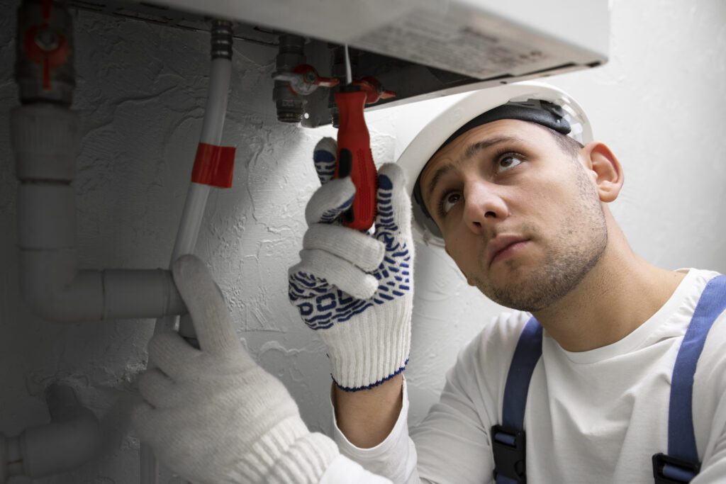 worker repairing water heater